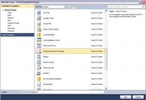 Visual Studio Add New Item dialog with PreProcessedTextTemplate Selection